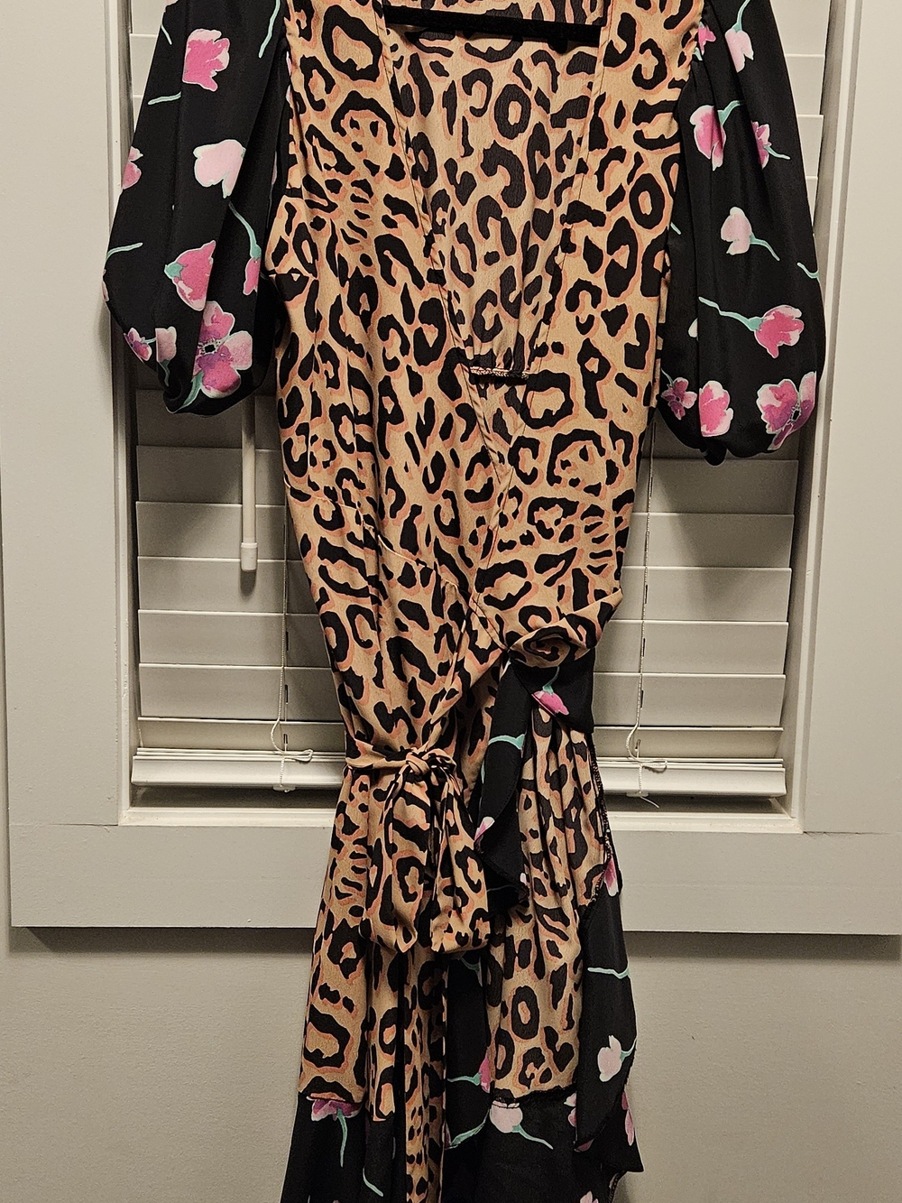 ASOS Curve Tan and Black Leopard Wrap Dress with Pink Floral Sleeves